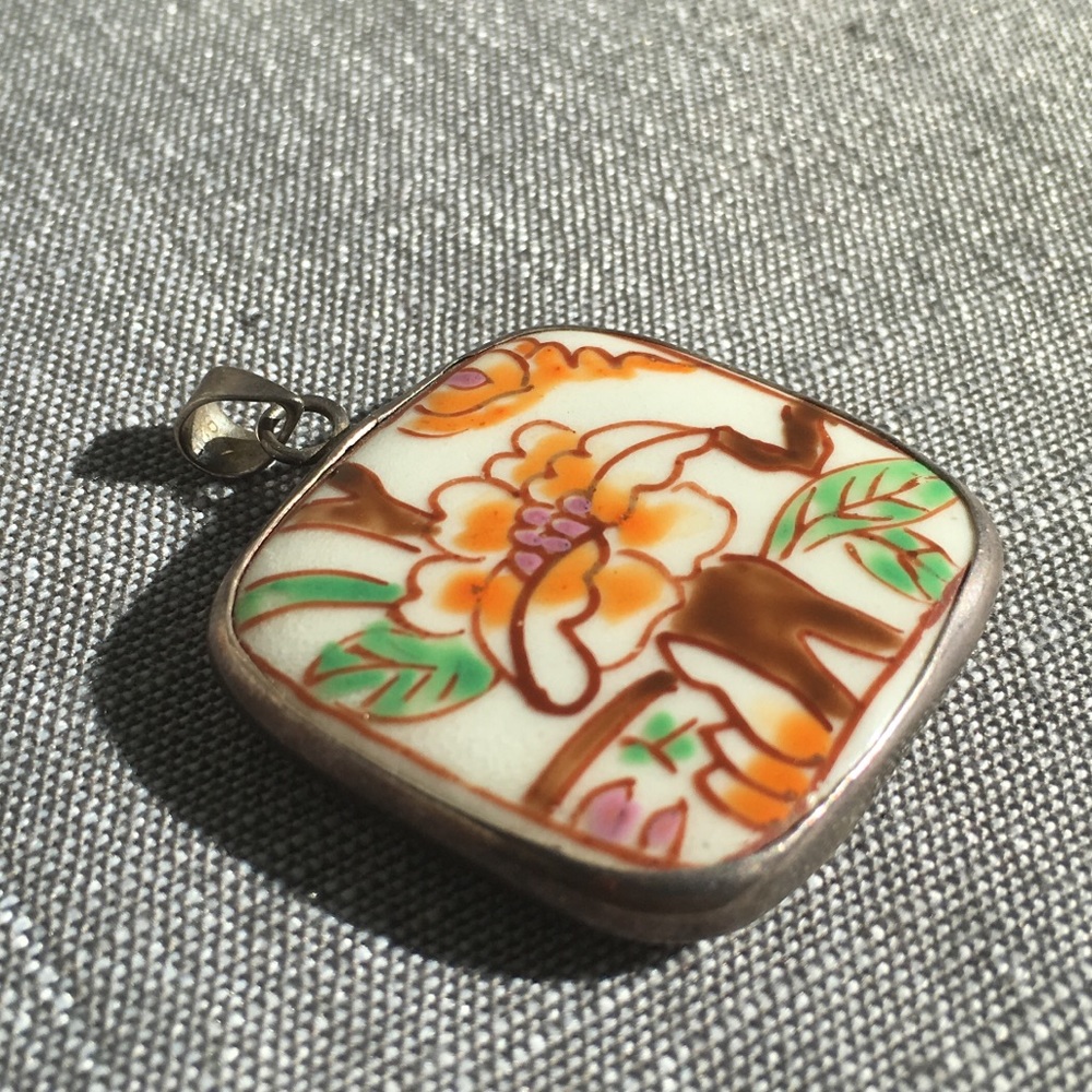 silver and hand painted tile pendant